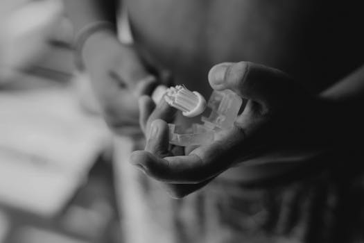 Black and white close-up of a child's hands holding a toothbrush with cover, emphasizing hygiene.