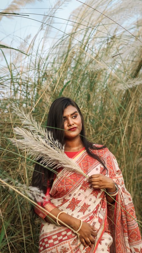 Free Portrait of a woman in a traditional saree posing gracefully in a field of tall reeds. Stock Photo
