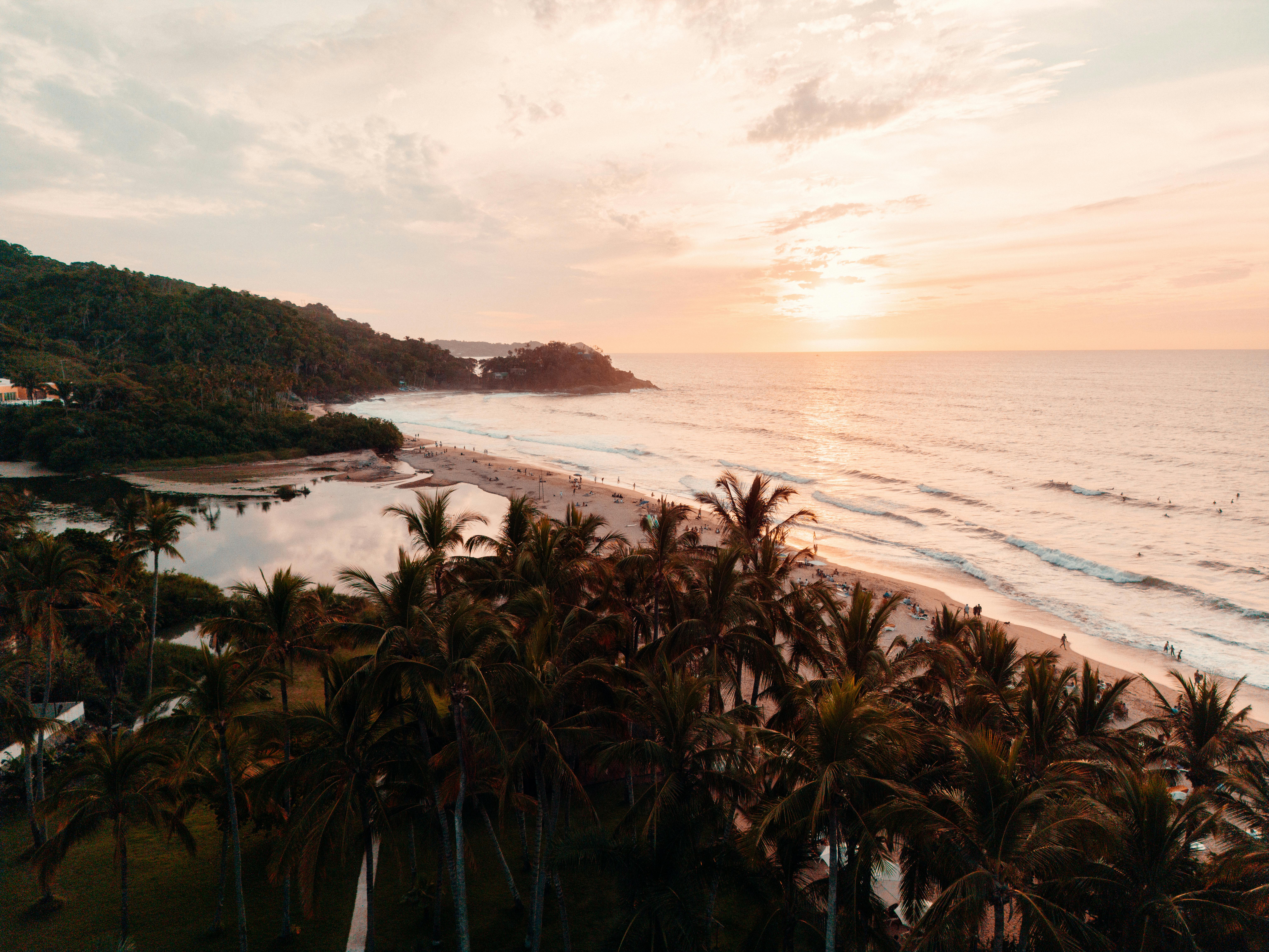 Aerial view of a serene tropical beach at sunset with palm trees and calm waves in San Francisco, Nayarit, México.