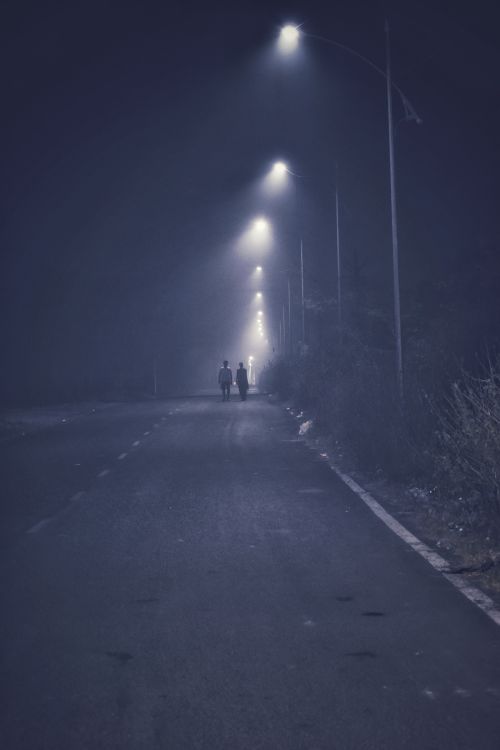 Free Silhouetted figures walking under streetlights on a foggy night in Ratnagiri, India. Stock Photo