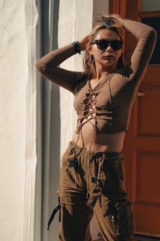 Fashionable woman wearing sunglasses and casual clothing posing outdoors in Orlando, FL.