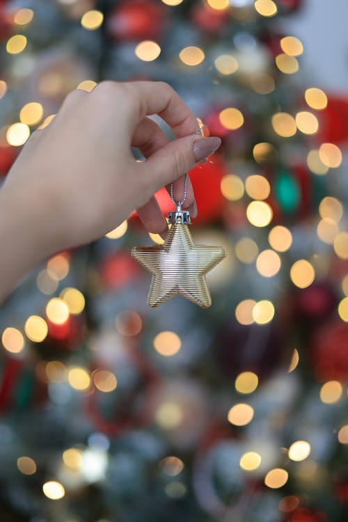 Woman Holding a Star Shape Bauble, and Christmas Tree Glittering in Background