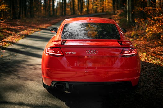 Stunning red sports car driving through an autumn forest with colorful leaves.