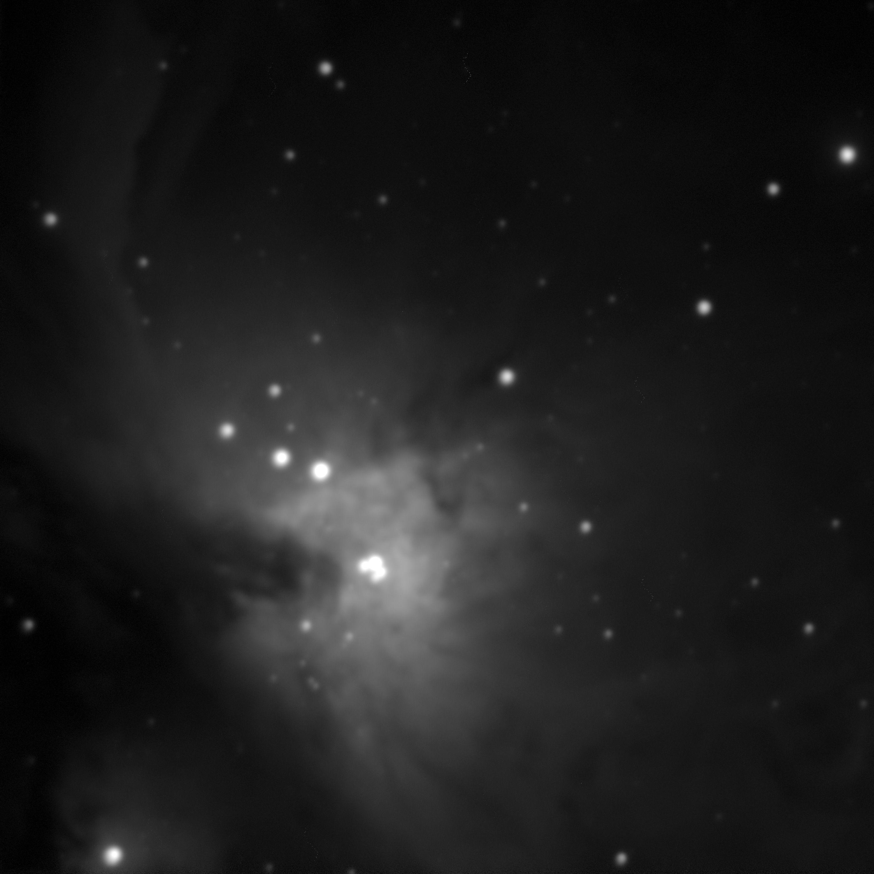 Black and white image capturing the stars and Orion Nebula in a night sky.