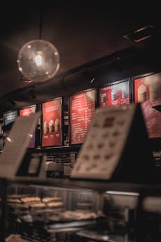 Warmly lit café interior featuring a prominent coffee menu board with desserts.