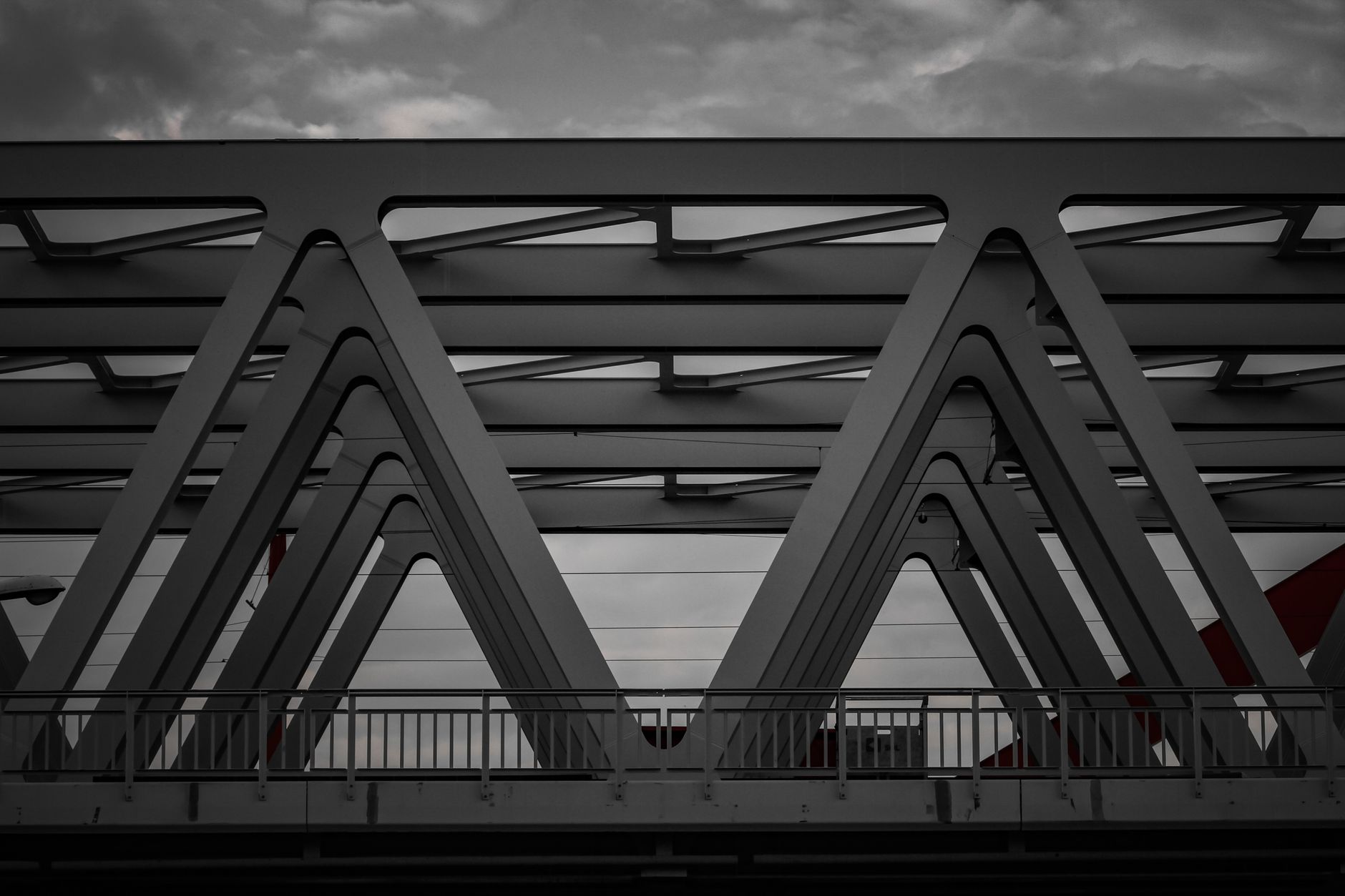 Geometric steel beams of a modern bridge in Budapest, Hungary, atmospheric view.