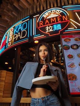 Stylish woman savors ramen in a vibrant, neon-lit Japanese restaurant setting.