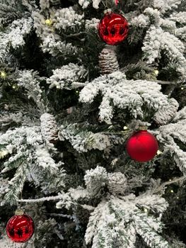 Close-up of a snow-frosted Christmas tree with red ornaments and pine cones.