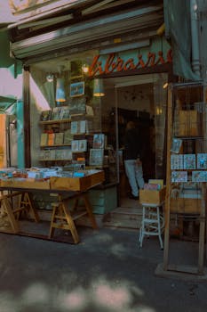 Explore a quaint Parisian bookstore featuring books and a street view.