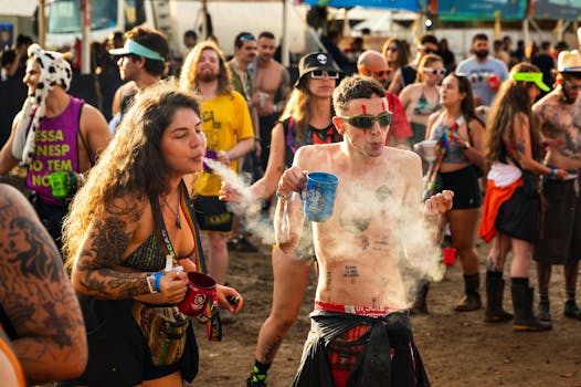 A diverse crowd at a lively outdoor festival with music, dancing, and colorful attire.