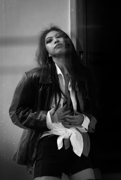 A captivating black and white portrait of a woman posing with confidence in modern fashion.