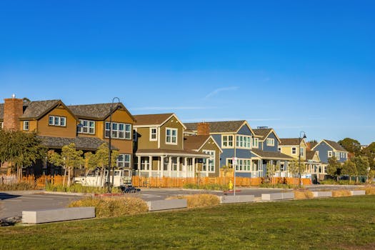 A picturesque view of suburban homes in a quiet neighborhood under a clear blue sky.