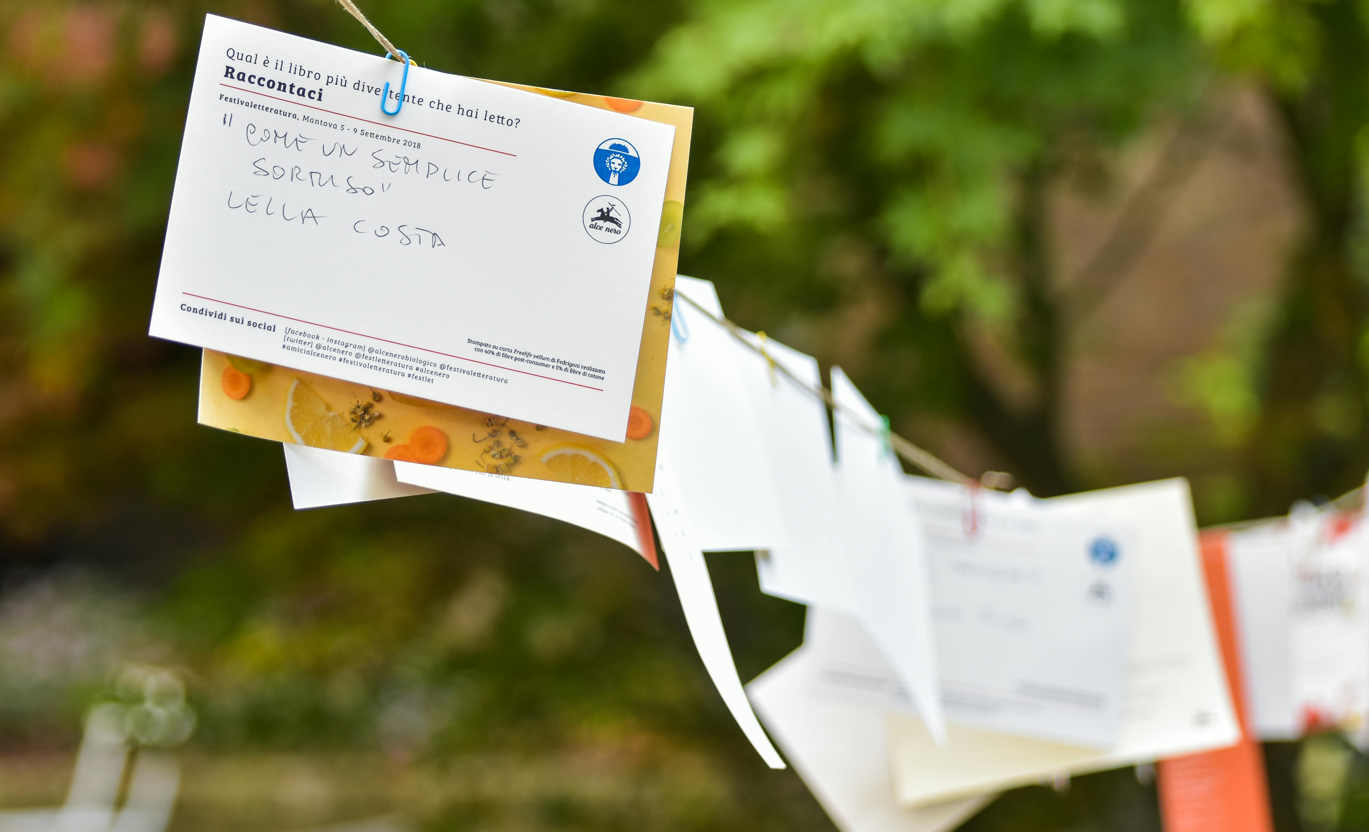 selective focus photo of hanging papers on clothes line