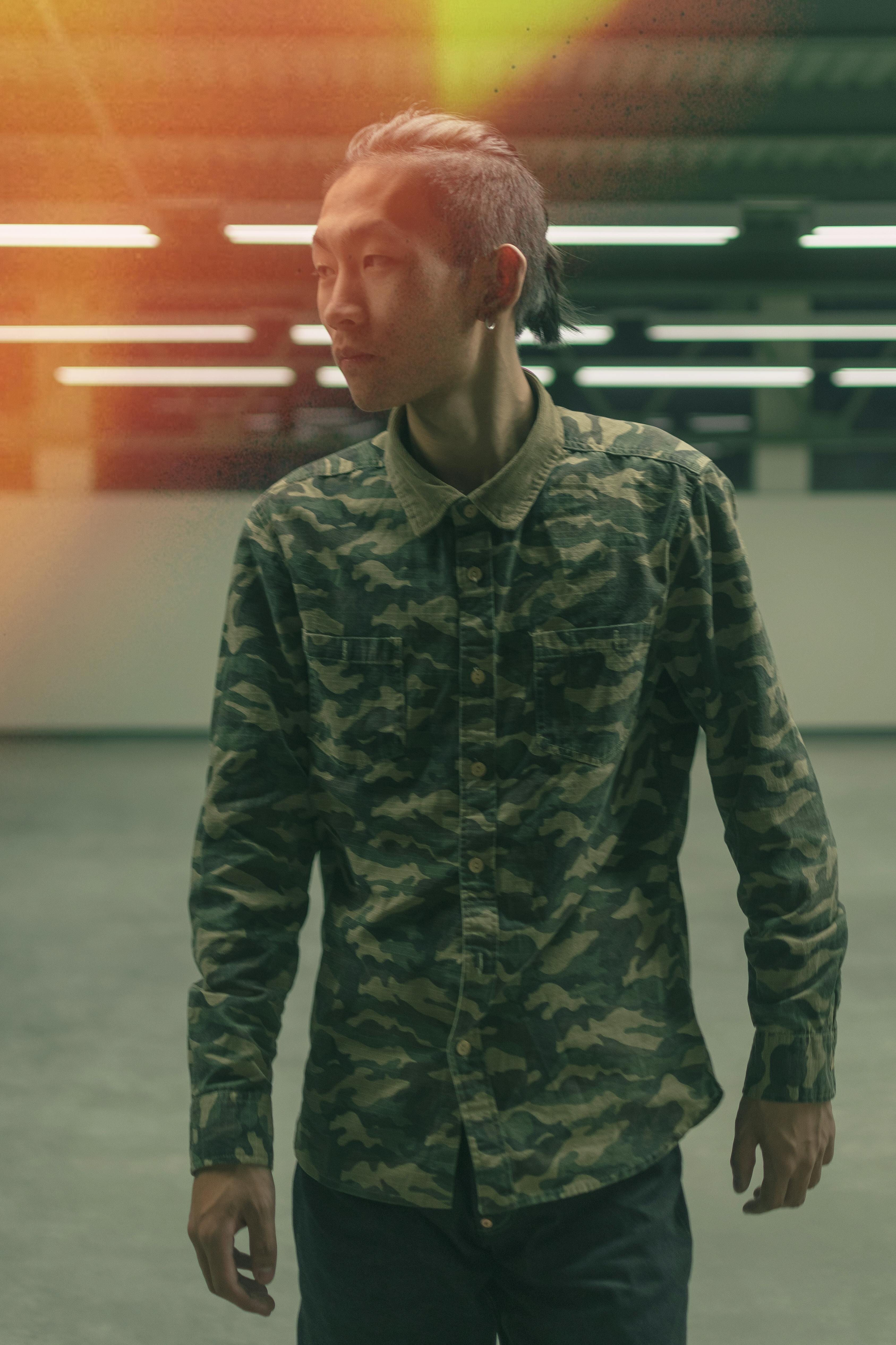 photo of man wearing camouflage dress shirt