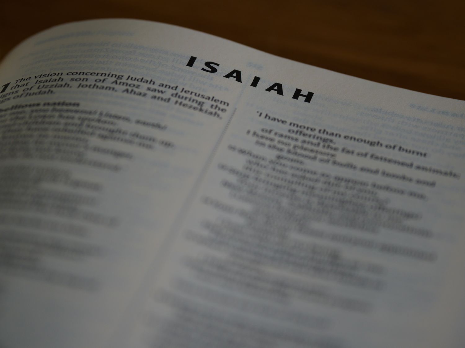 Close-up of text in the Book of Isaiah highlighting sacred scripture text
