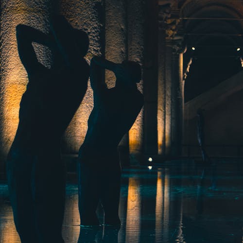 Silhouettes of People Standing in Water 