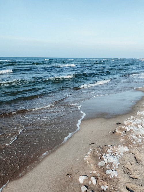Sea Waves Crashing on a Sandy Shore Under Blue Sky