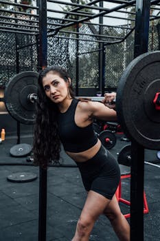 Focused woman lifting weights in an outdoor gym in Mexico City. Promoting fitness and healthy lifestyle.