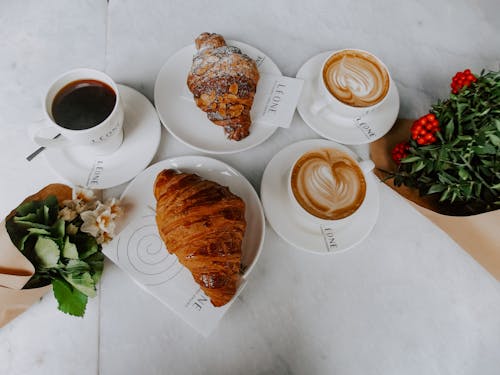 Ingyenes stockfotó croissant-ok, csészék, élelmiszer témában