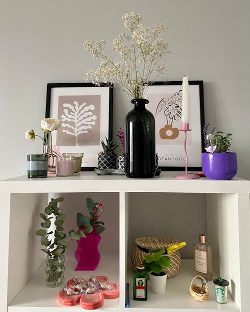 Flowers in Pots and Vases on a Shelf