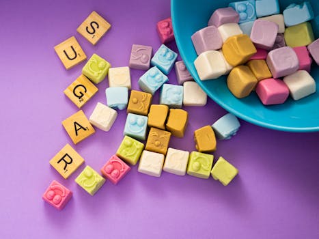 Vibrant colorful candy cubes with scrabble letters spelling 'SUGAR' on a purple background.