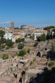 View of the ancient Roman Forum with the Colosseum in Rome on a sunny day.