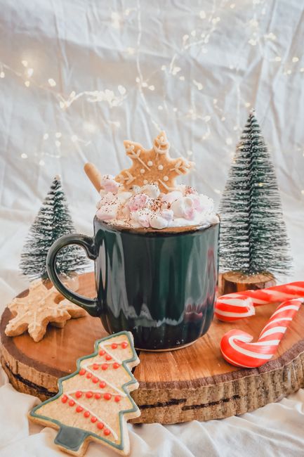 Cozy hot chocolate with cookies and candy canes on a festive wooden platter.