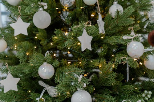Free White Ornaments Hanging on a Christmas Tree  Stock Photo
