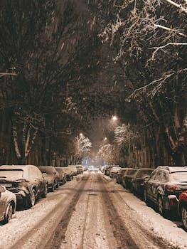 Cars parked on a snowy street at night in Vilnius, Lithuania, under streetlights.