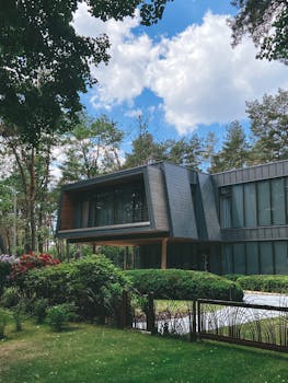 Contemporary luxury house exterior surrounded by lush garden on a sunny day.