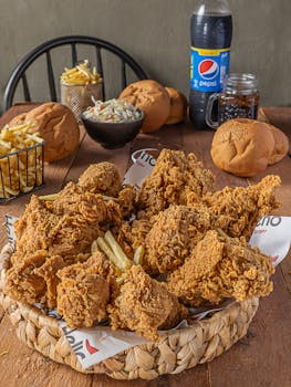 Basket of fried chicken with buns, fries, and Pepsi on a wooden table.