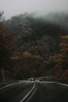 Car driving on a misty mountain road surrounded by autumn foliage and foggy atmosphere.