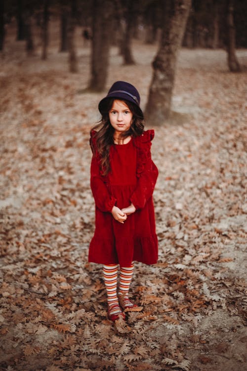 Photo of a Kid in a Red Dress Standing on Leaves