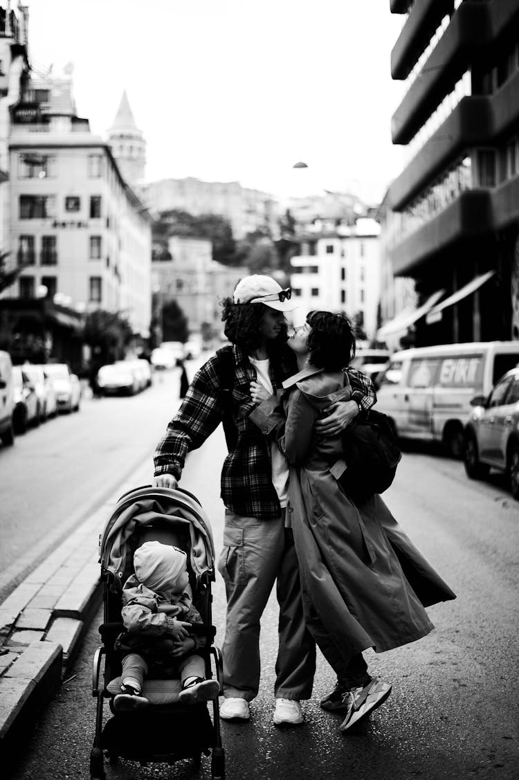 Man And Woman Hugging On Street In Istanbul In Black And White