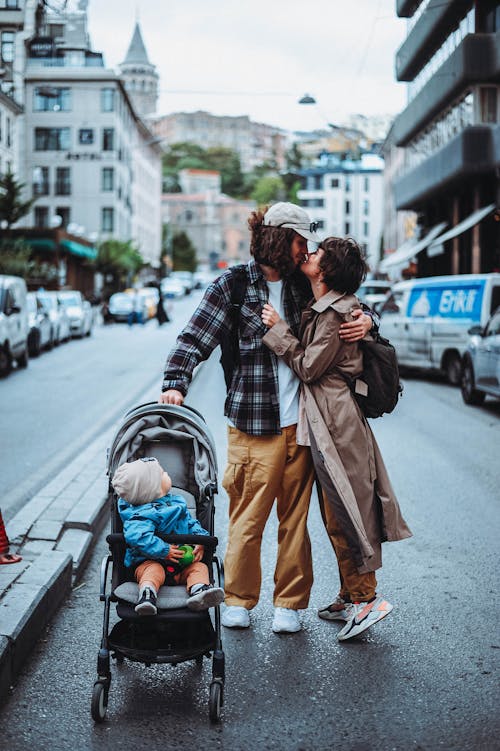 Man and Woman Kissing on Street in Istanbul in Black and White