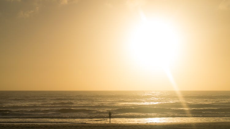 Sun On Yellow Sky Over Sea Shore At Sunset