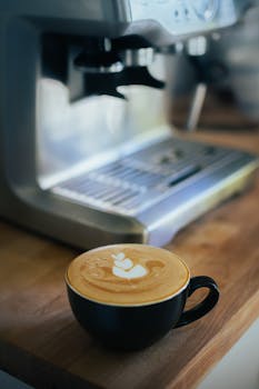 Close-up of a latte with latte art next to a modern espresso machine on a wooden surface.