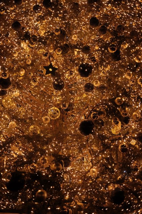 Free A mesmerizing close-up of sparkling Christmas tree decorations illuminated at night. Stock Photo