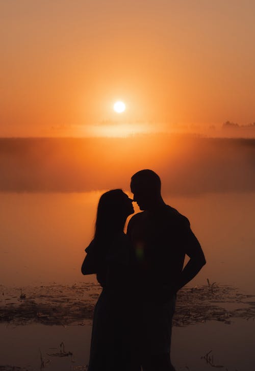 Silhouette of Embracing Couple at Sunset