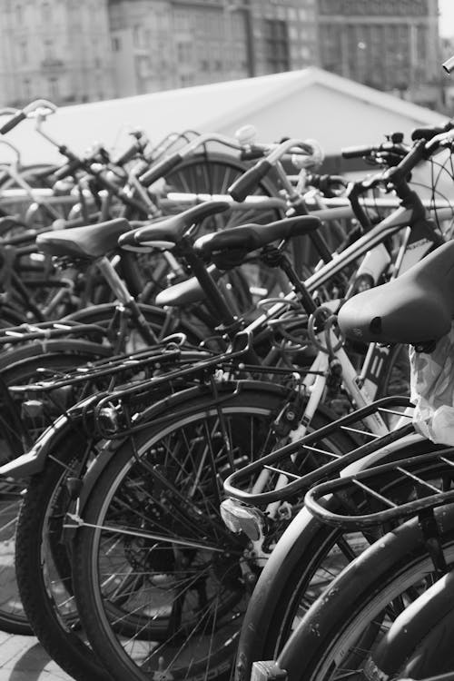 Black and White Photo of a Row of Bicycles in a Bicycle Stand in Amsterdam 