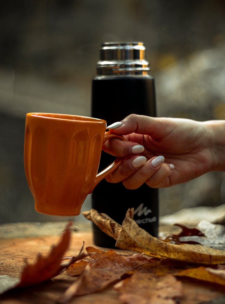 A Person's Hand Holding An Orange Cup