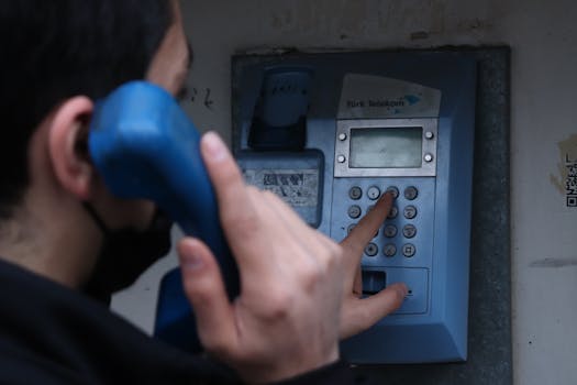 Close-up of a person using a Turk Telekom payphone outdoors in Malatya, Türkiye.