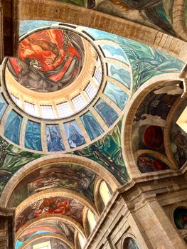 Vibrant frescoes adorn the iconic dome at Hospicio Cabañas in Guadalajara, Mexico.