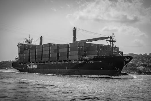Black and white photo of a container ship in Istanbul, Turkey.
