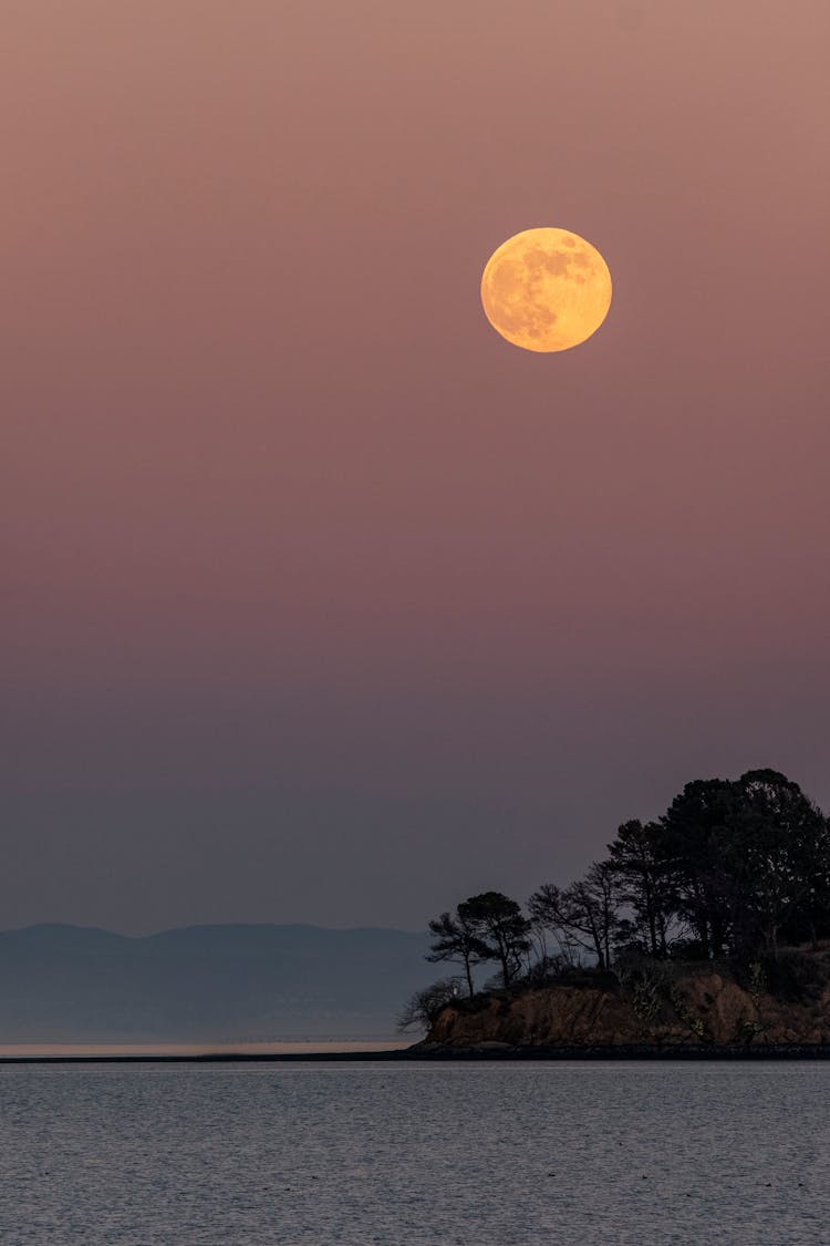 Full Moon Over Silhouette Of Mountains And Trees