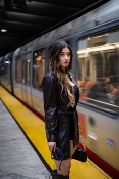 Woman standing on a railway platform in a black coat holding sunglasses as a train passes by.
