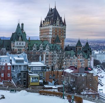 Iconic Château Frontenac in snowy winter, capturing Québec City's historic charm.
