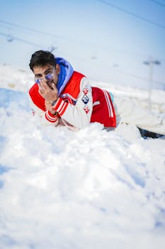 Man enjoying winter in snow, wearing a red jacket and sunglasses, with a playful pose.