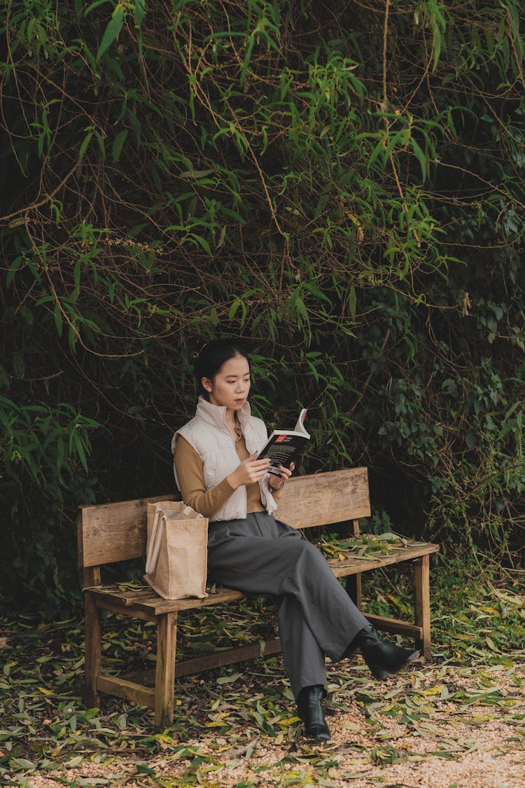 Woman Reading Book On Bench