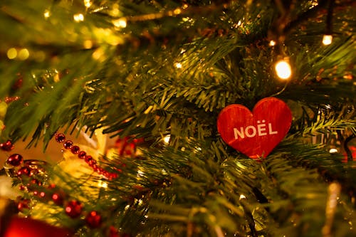 A Heart Shaped Ornament Hanging on a Christmas Tree 